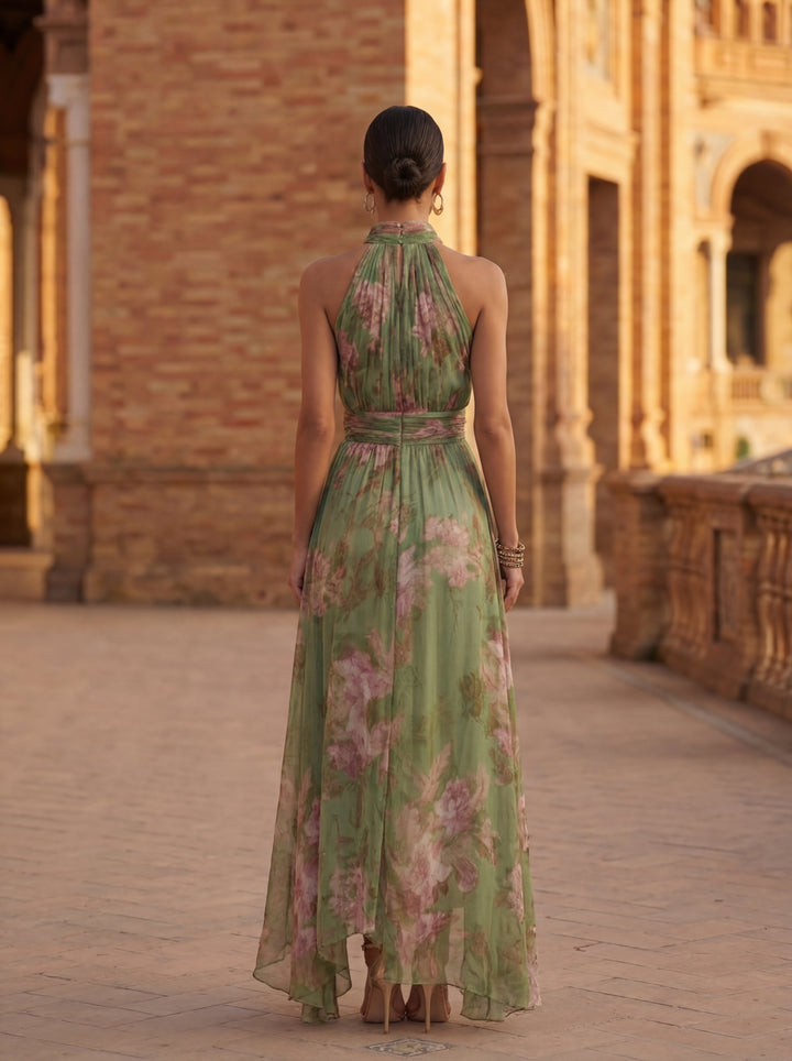 Floral Halter Maxi Dress - Chiffon Evening Dress for Women