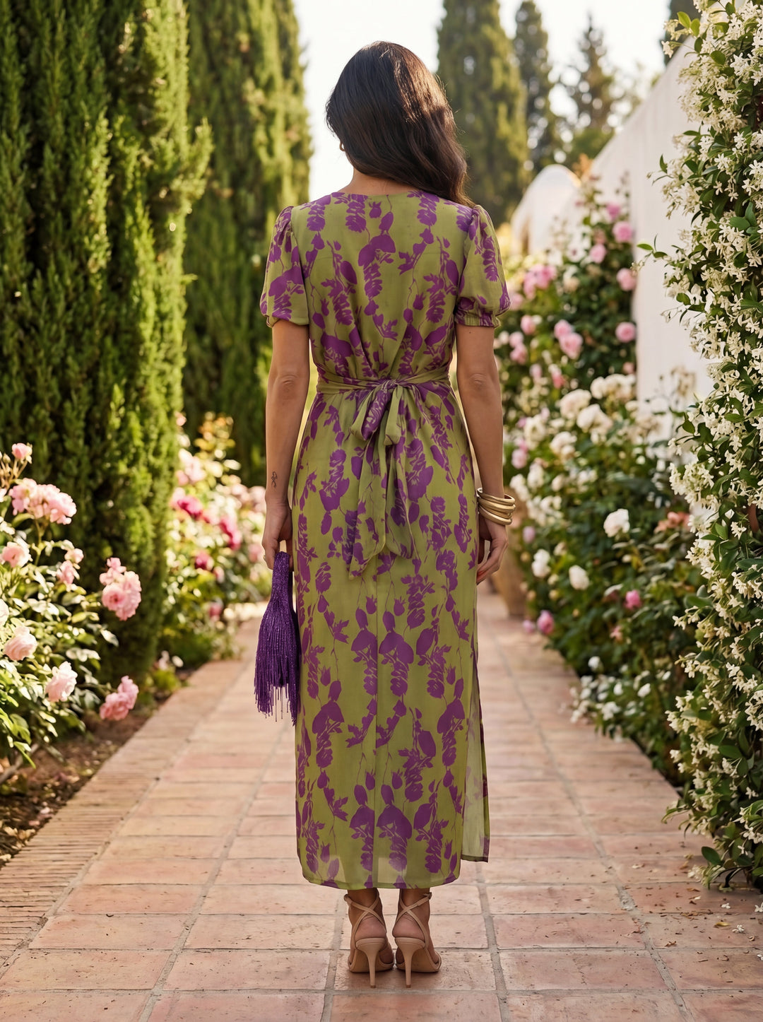 Elegant Maxi Dress with Puff Sleeves and Botanical Print