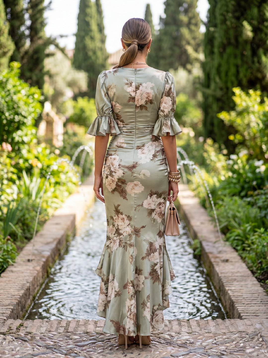 Floral Maxi Dress V-Neck Satin Evening Gown Green