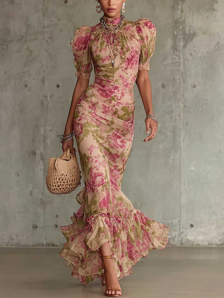 Lucy | Vintage Rose Puff Sleeve Maxi Dress