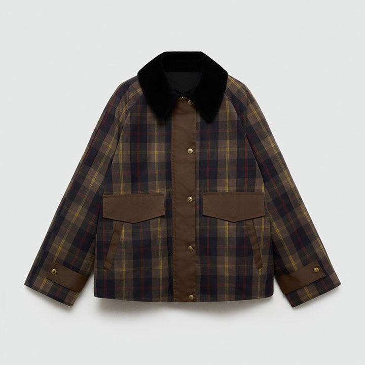 Warm Checked Jacket for Women with Soft Faux Fur Collar