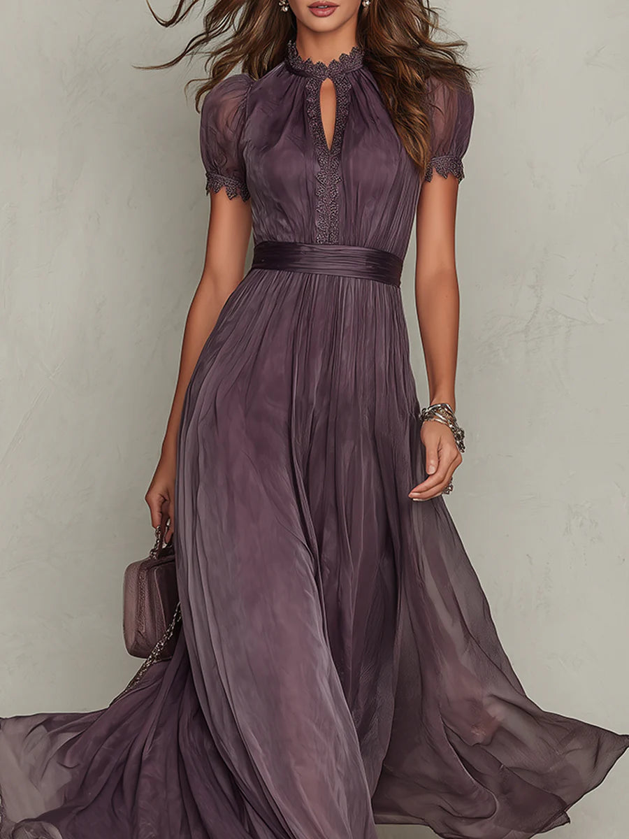Purple Lace Maxi Dress for Wedding Guest - Elegant Chiffon Gown