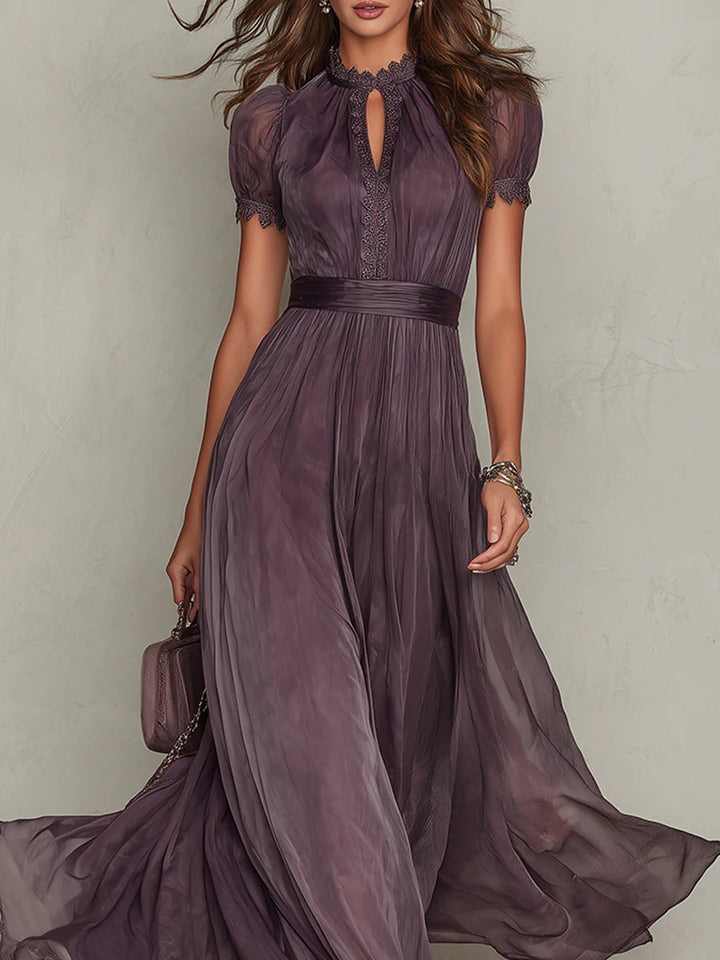 Purple Lace Maxi Dress for Wedding Guest - Elegant Chiffon Gown