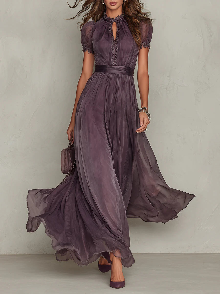 Purple Lace Maxi Dress for Wedding Guest - Elegant Chiffon Gown