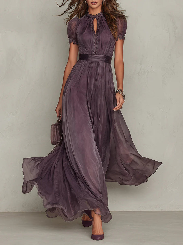 Purple Lace Maxi Dress for Wedding Guest - Elegant Chiffon Gown