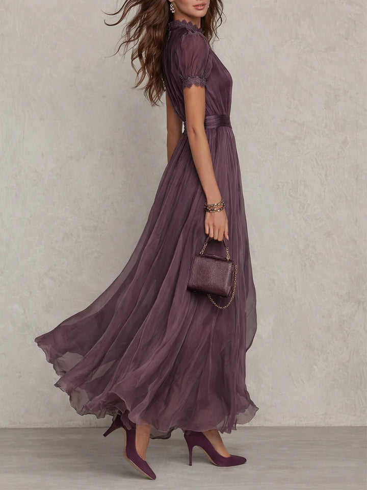 Purple Lace Maxi Dress for Wedding Guest - Elegant Chiffon Gown