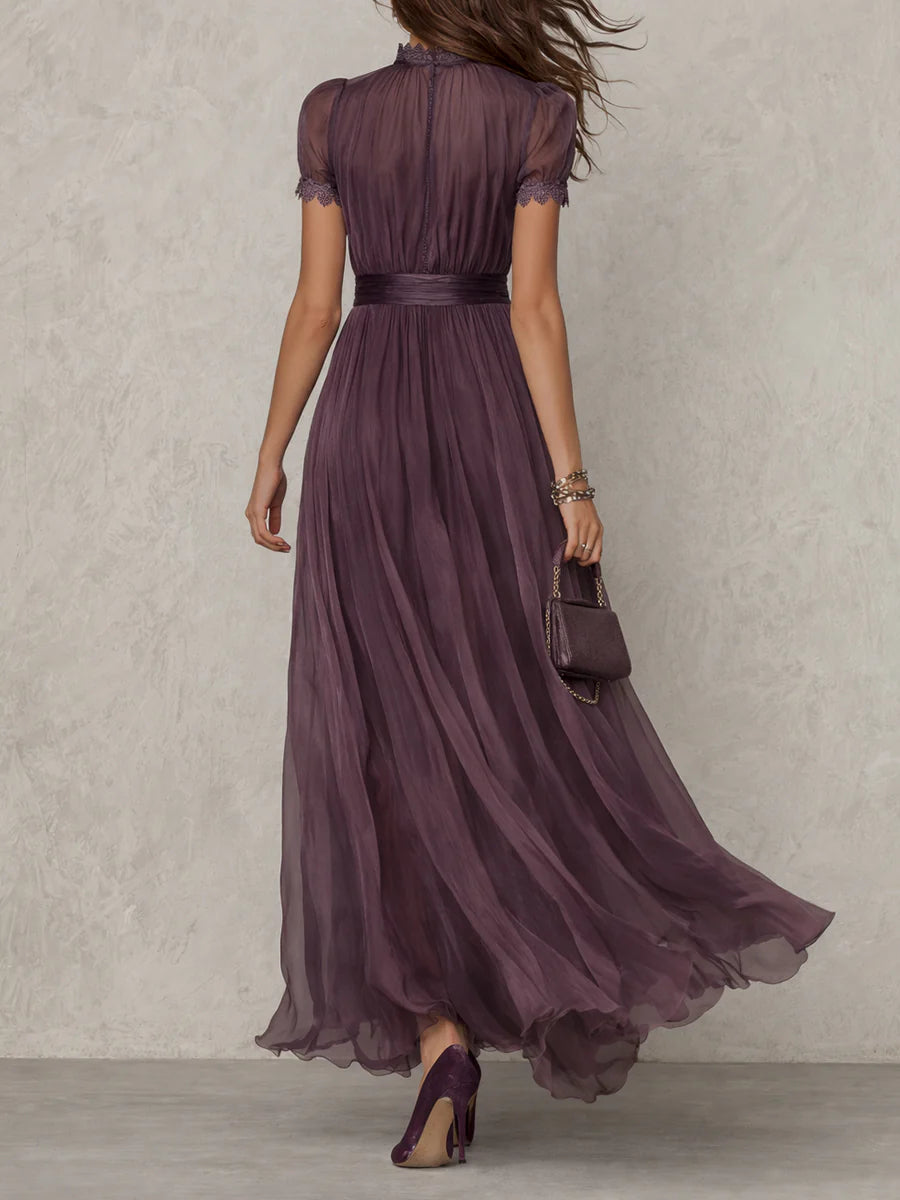 Purple Lace Maxi Dress for Wedding Guest - Elegant Chiffon Gown