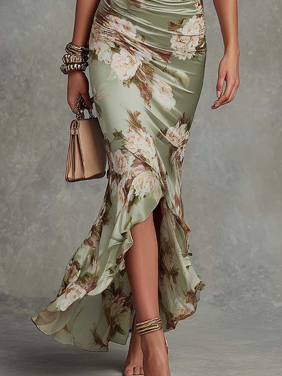 Floral Maxi Dress V-Neck Satin Evening Gown Green