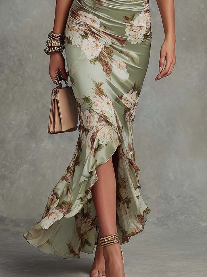 Anastasia | Long Satin Dress with Floral Print