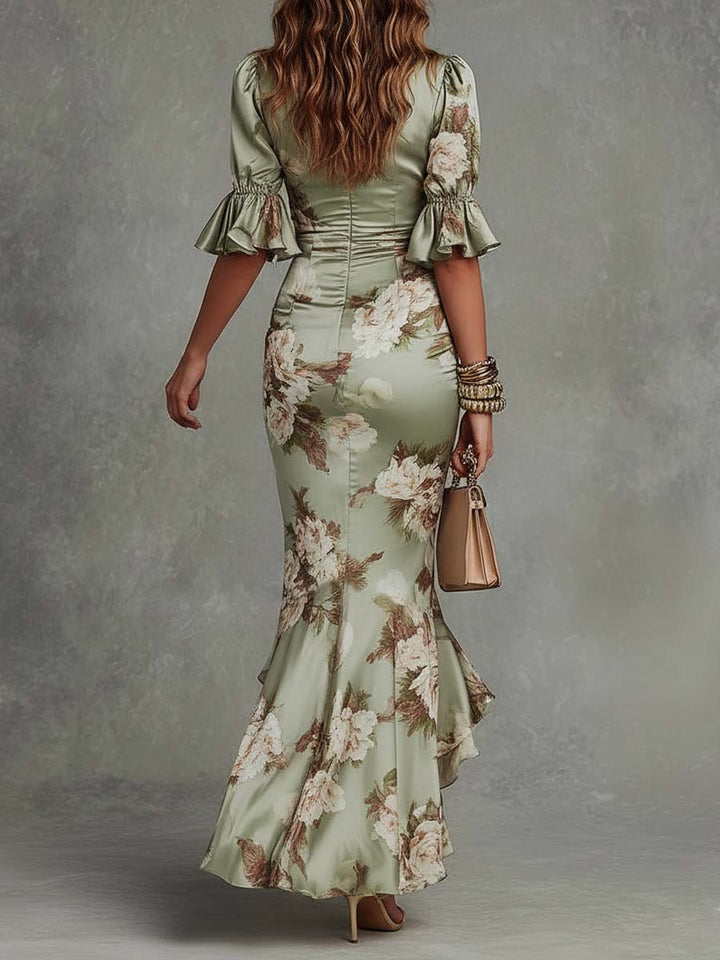 Floral Maxi Dress V-Neck Satin Evening Gown Green