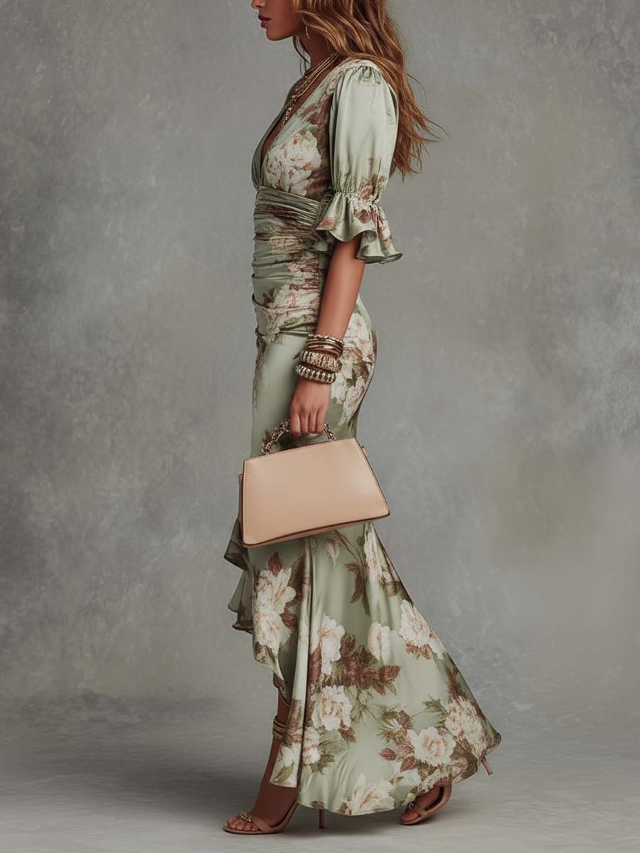 Floral Maxi Dress V-Neck Satin Evening Gown Green