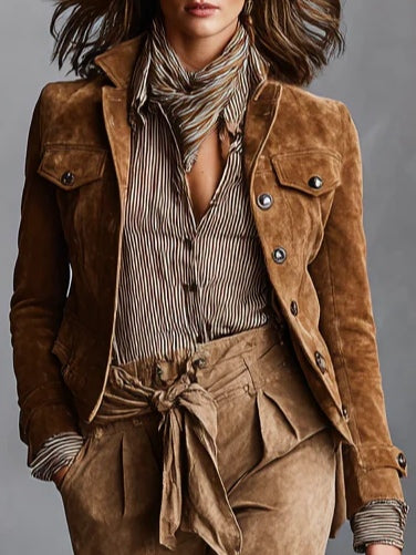 Hannah | Suede Single-Breasted Lapel Cropped Jacket