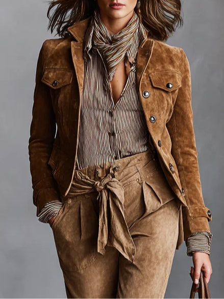 Hannah | Suede Single-Breasted Lapel Cropped Jacket