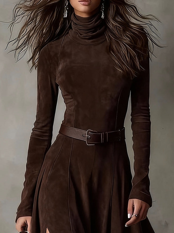 Mia | Suede Turtleneck Long Sleeve Maxi Dress