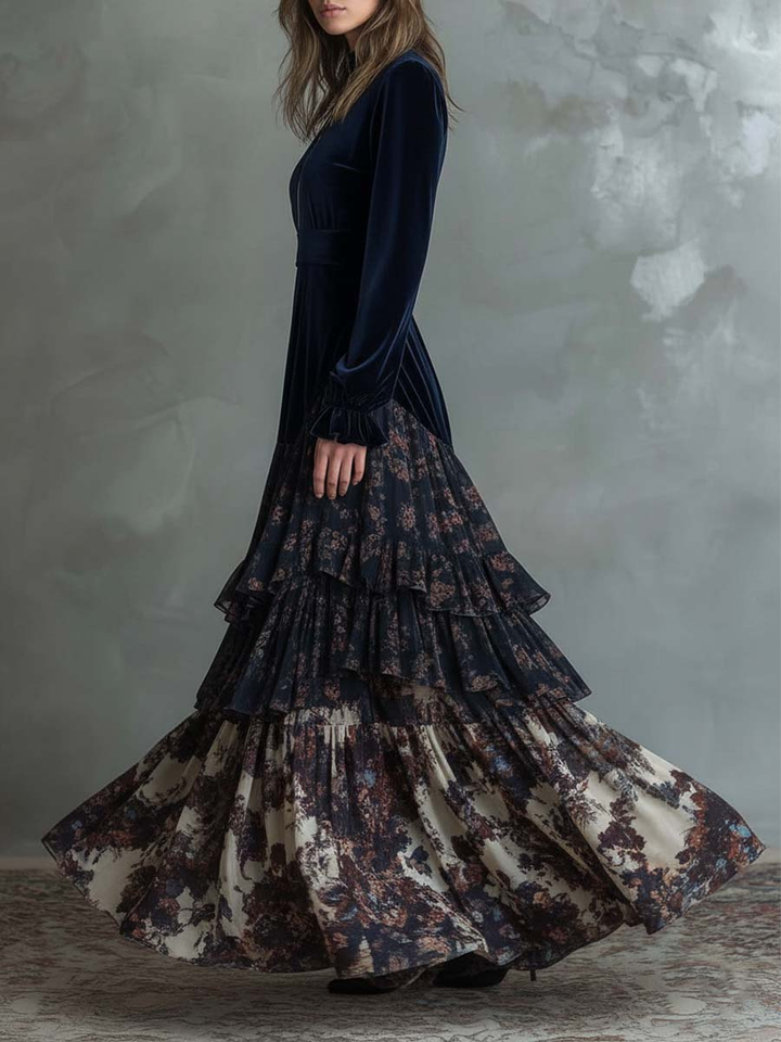 Molly | Velvet and Chiffon Floral Print Maxi Dress