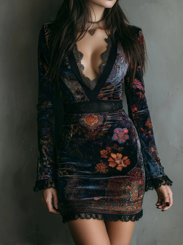 Lunori™ | Sofia Floral Velvet Mini Dress