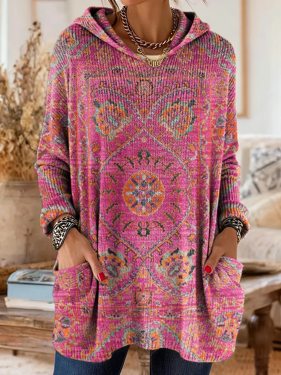 Retro Ethnic Print Hooded Knit Tunic