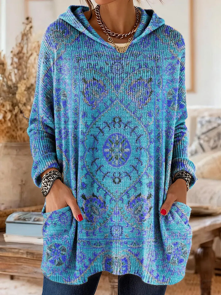 Retro Ethnic Print Hooded Knit Tunic