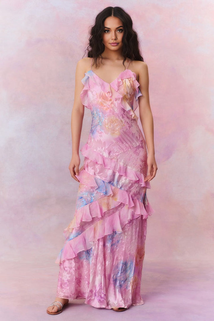 Luneth - Floral V-Neck Backless Maxi Dress