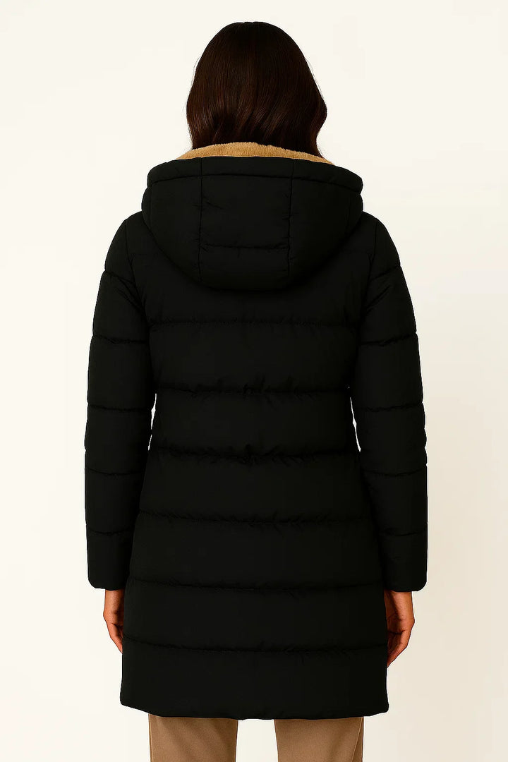 Women's Black Puffer Jacket Insulated Polyester Elegant Design for Fall and Winter