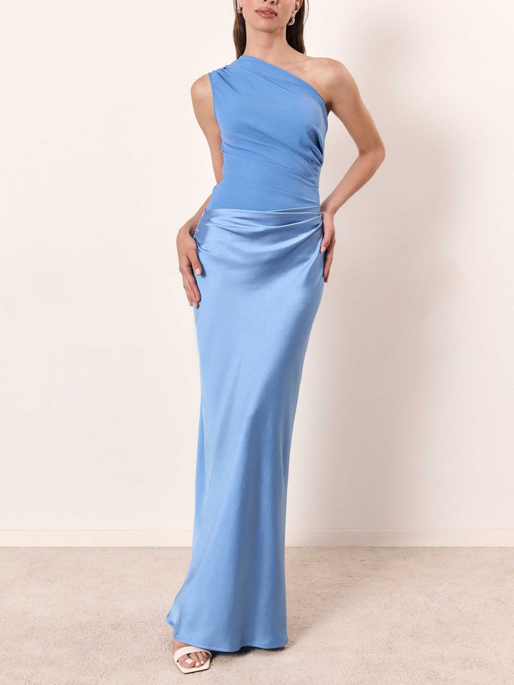 One Shoulder Maxi Dress - Elegant Pleated Evening Gown