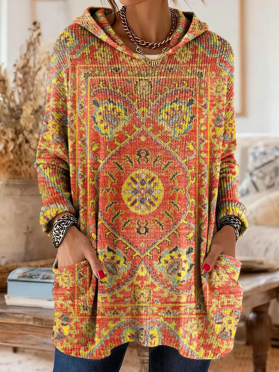 Retro Ethnic Print Hooded Knit Tunic