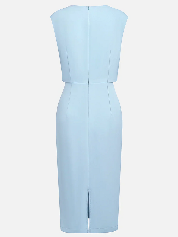 Elegant Midi Dress with Side Draping and Open Neckline
