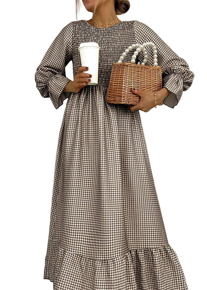 Green Check Round Neck Maxi Dress