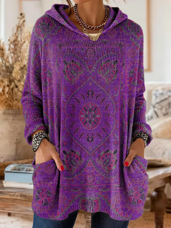 Retro Ethnic Print Hooded Knit Tunic