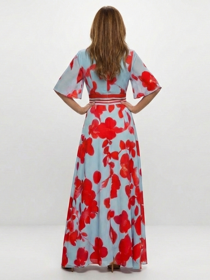 V Neck Short Sleeve Floral Maxi Dress