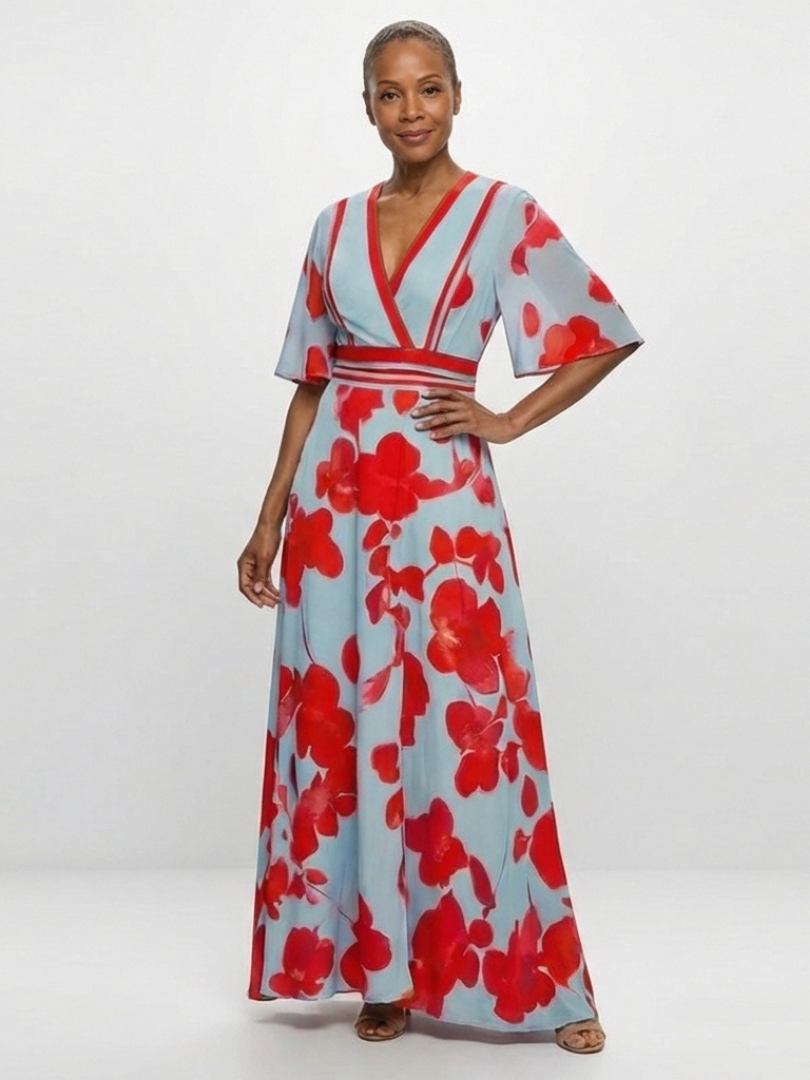 V Neck Short Sleeve Floral Maxi Dress