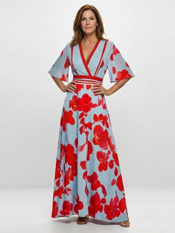 V Neck Short Sleeve Floral Maxi Dress
