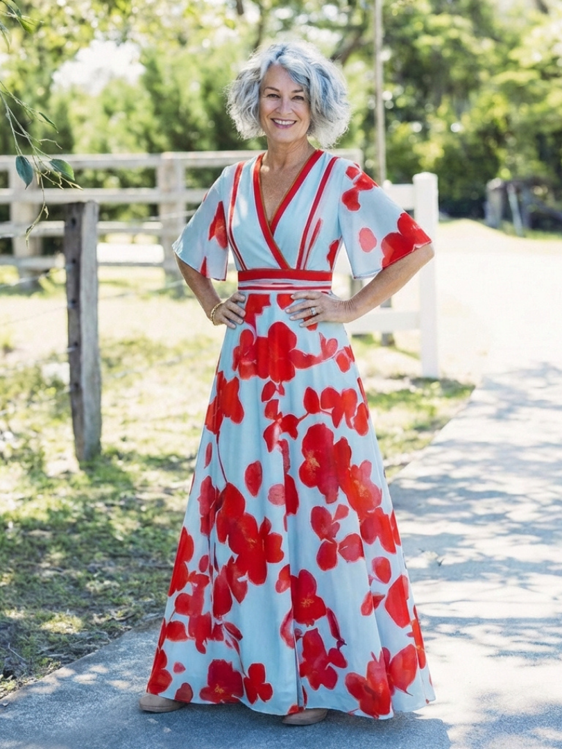 V Neck Short Sleeve Floral Maxi Dress