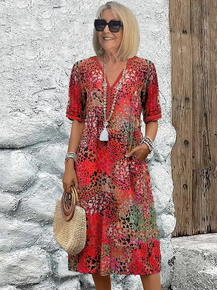 Printed Midi Dress with V-Neck for Women