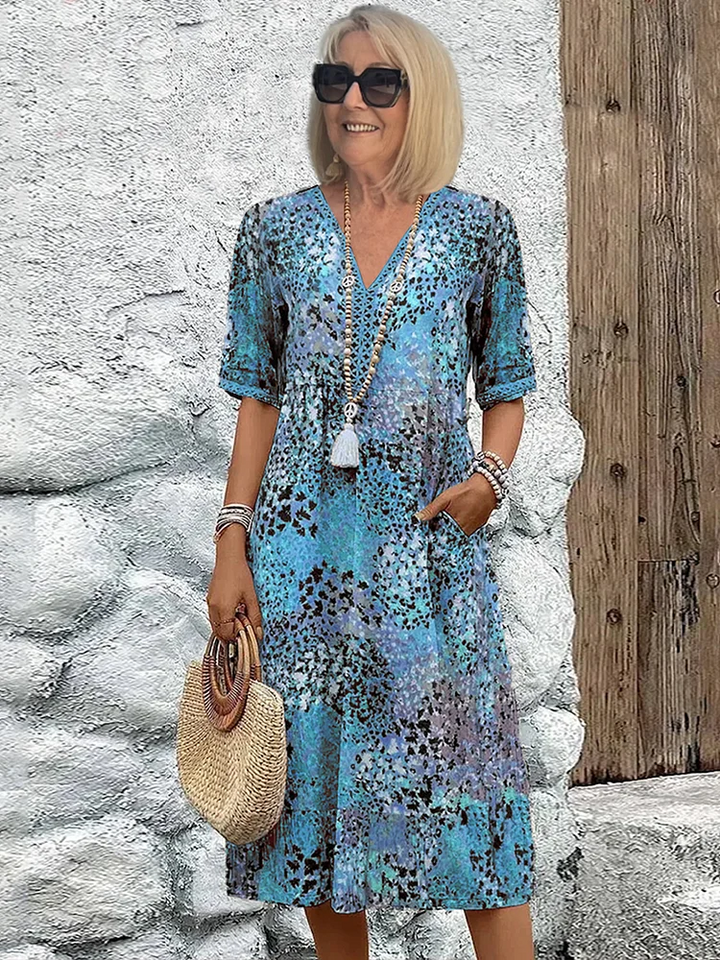 Printed Midi Dress with V-Neck for Women