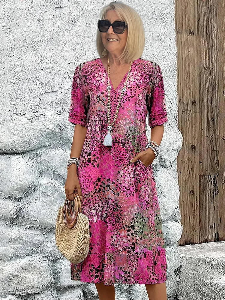 Printed Midi Dress with V-Neck for Women