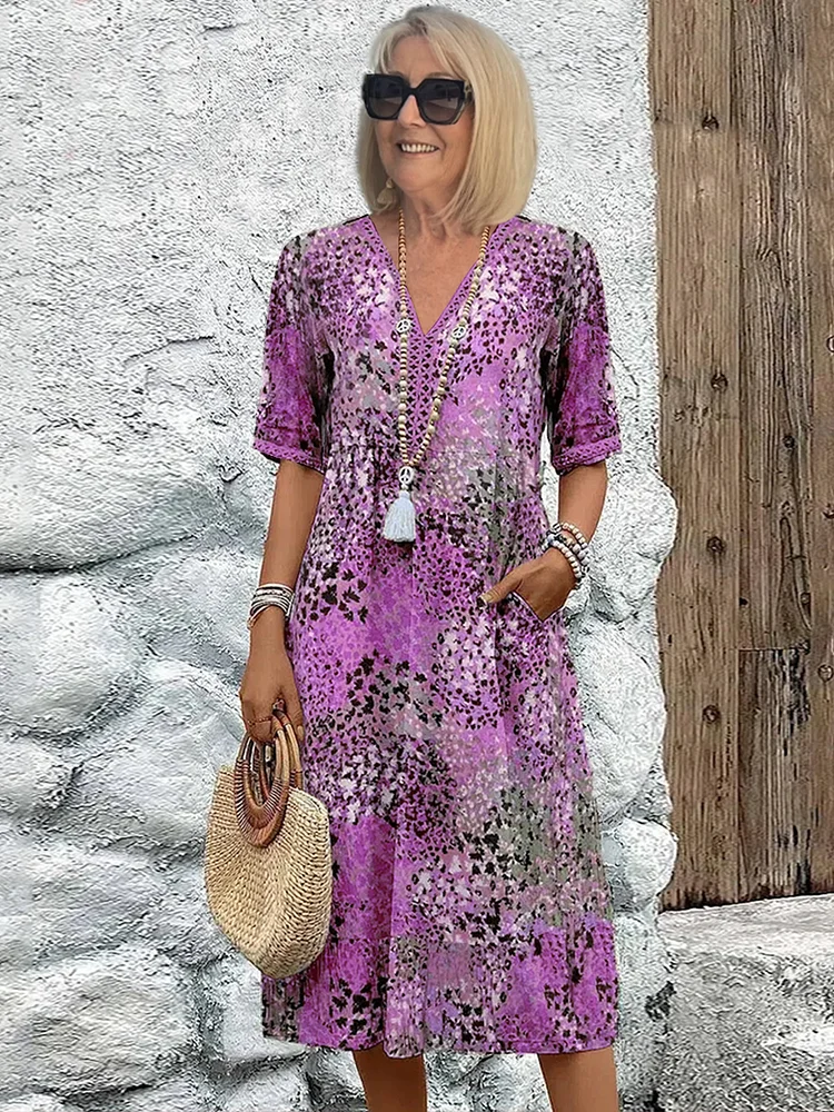 Printed Midi Dress with V-Neck for Women