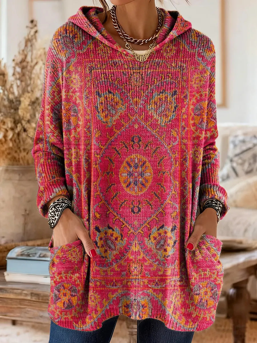 Retro Ethnic Print Hooded Knit Tunic