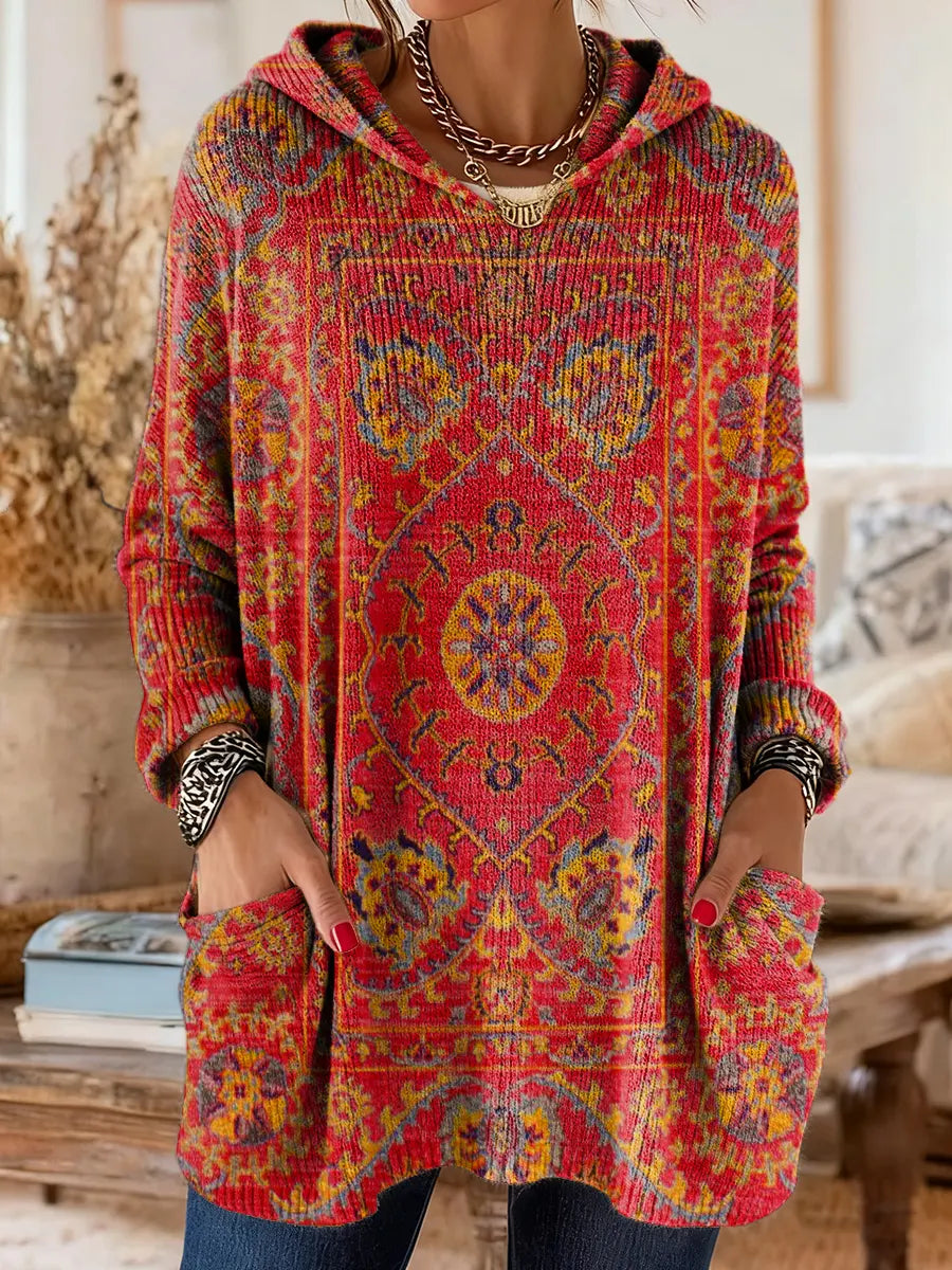 Retro Ethnic Print Hooded Knit Tunic