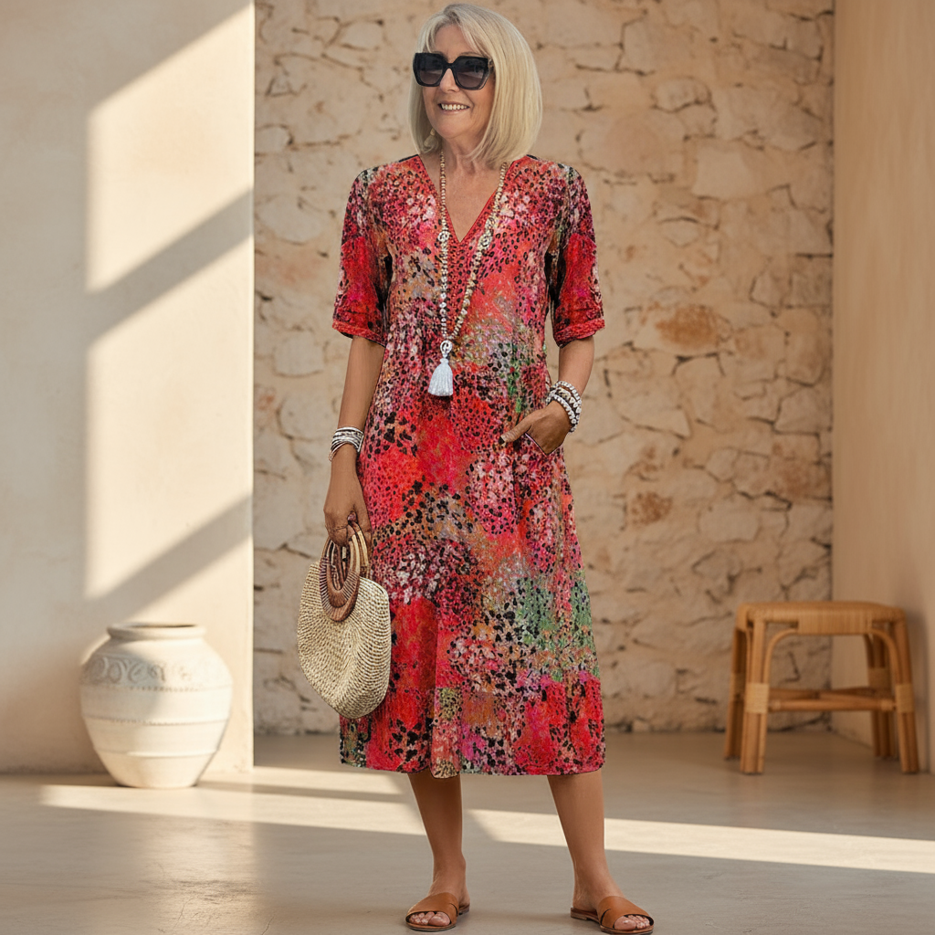 Printed Midi Dress with V-Neck for Women