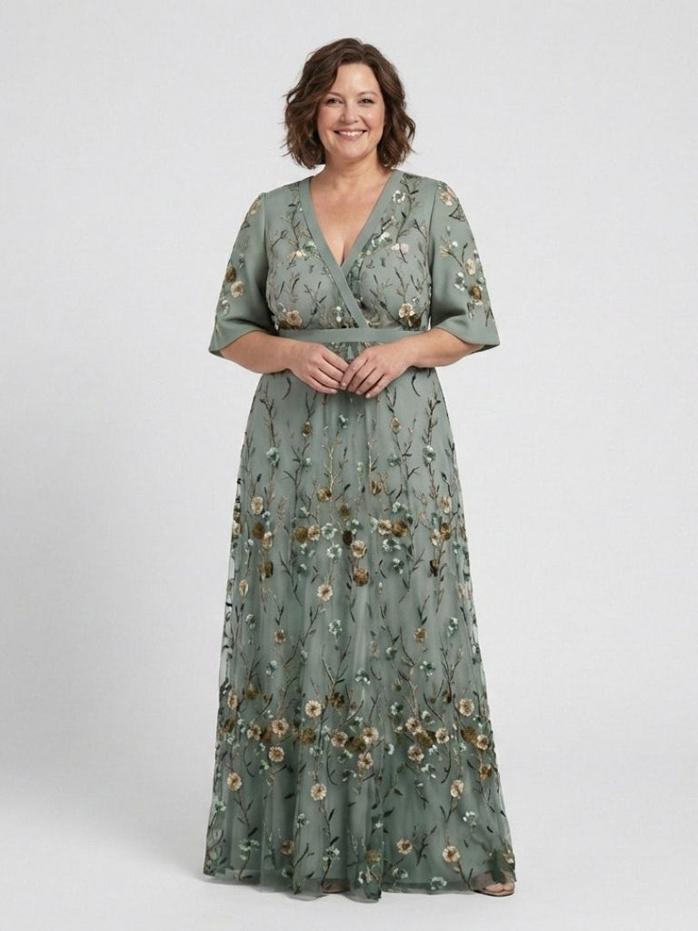 Embroidered Maxi Dress for Wedding Guest | Sheer Sleeve Formal Gown