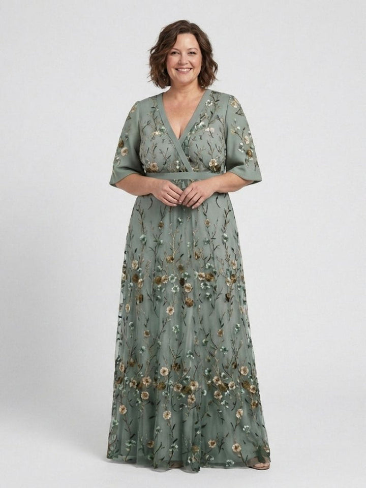 Embroidered Maxi Dress for Wedding Guest | Sheer Sleeve Formal Gown