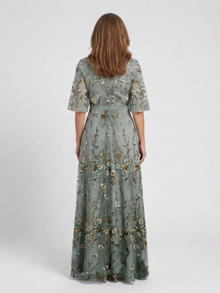 Embroidered Maxi Dress for Wedding Guest | Sheer Sleeve Formal Gown