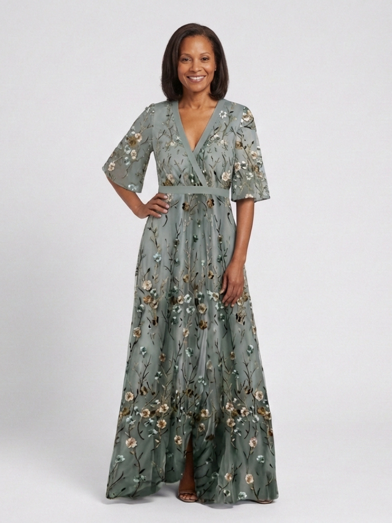 Embroidered Maxi Dress for Wedding Guest | Sheer Sleeve Formal Gown