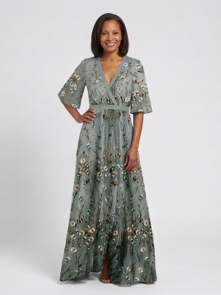 Embroidered Maxi Dress for Wedding Guest | Sheer Sleeve Formal Gown
