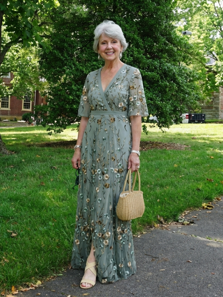 Embroidered Maxi Dress for Wedding Guest | Sheer Sleeve Formal Gown