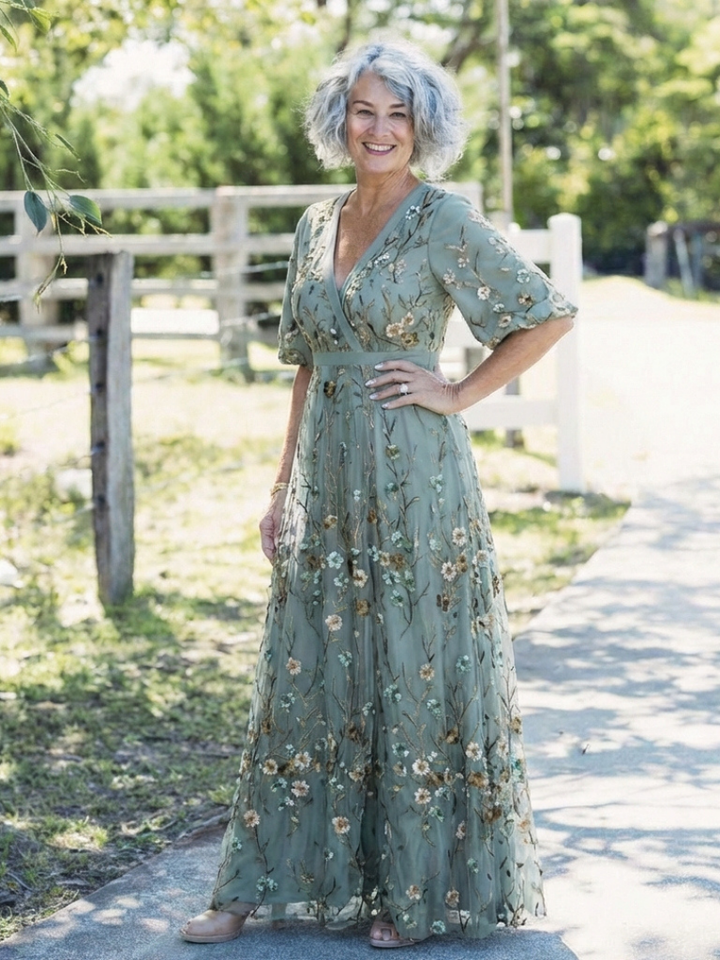 Embroidered Maxi Dress for Wedding Guest | Sheer Sleeve Formal Gown
