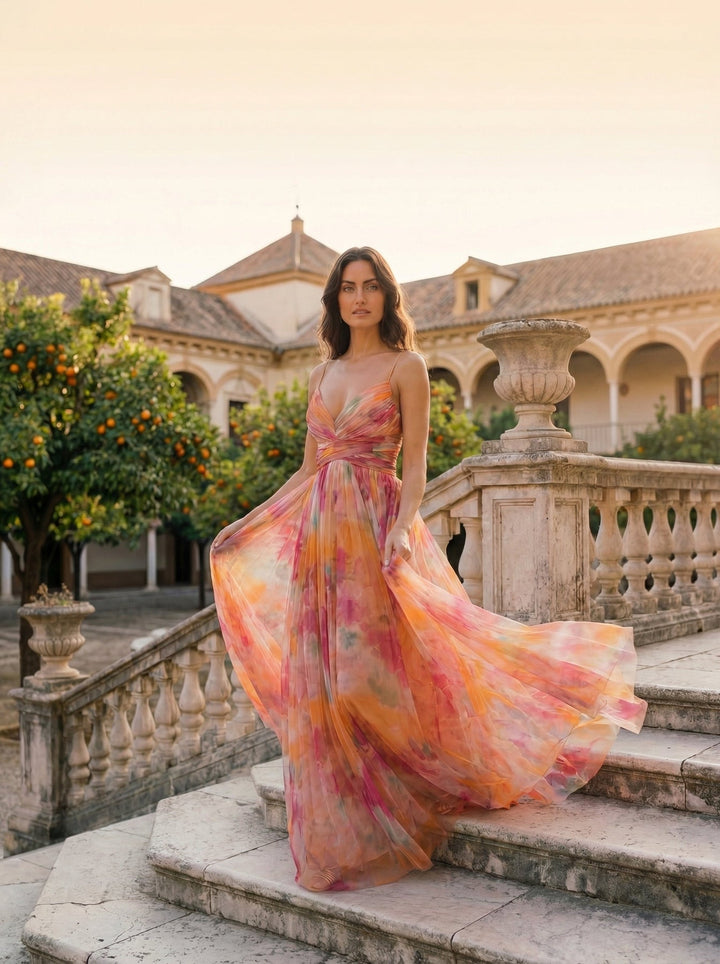 Floral Maxi Dress | Spaghetti Strap Watercolor Print