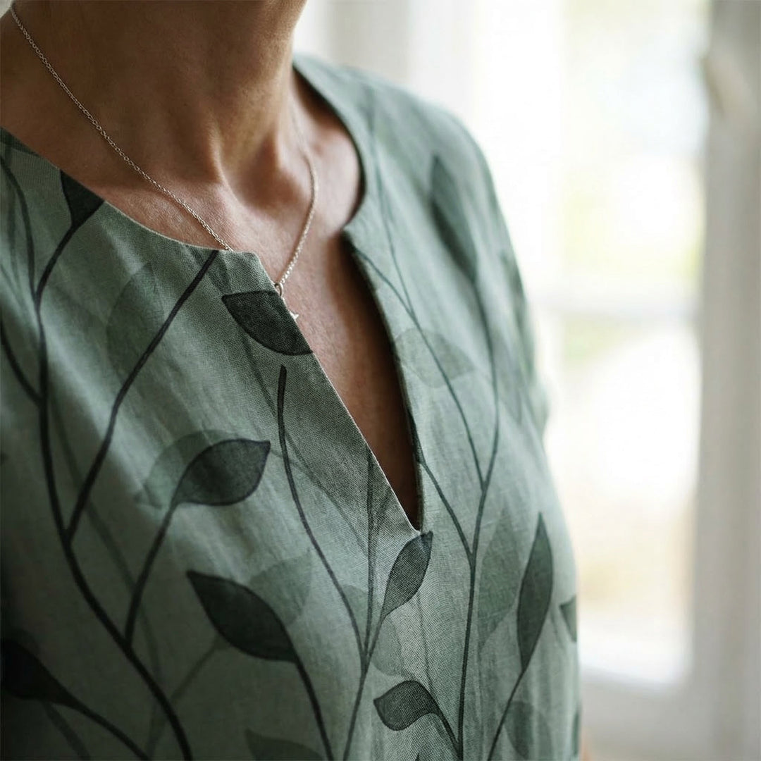 Cotton Summer Dress with V-Neck | Elegant Leaf Print Dress