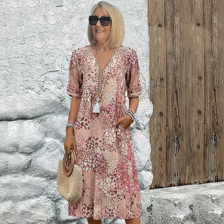 Printed Midi Dress with V-Neck for Women